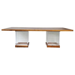 Burlwood Matched Grain Dining Table with Lucite Pedestal Bases