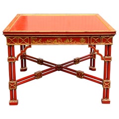Midcentury English Georgian Style Chinese Red and Gilt Chinoiserie Game Table