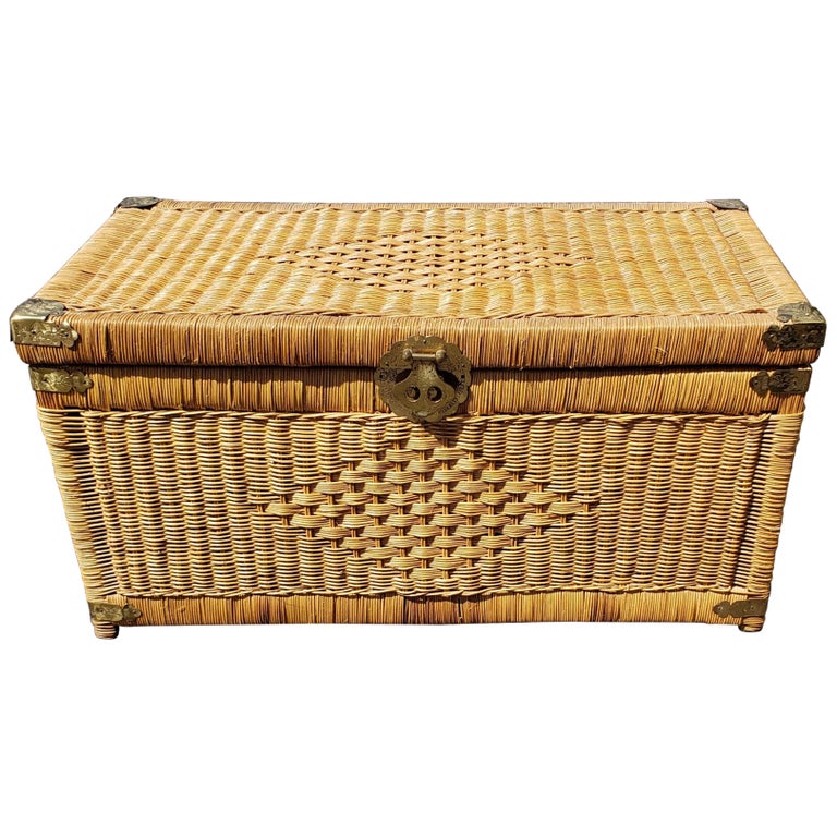 Midcentury Asian Style Brass Mounted Wicker Blanket Chest Storage Trunk For Sale at 1stDibs