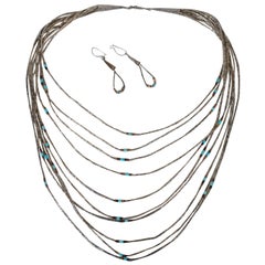 Southwestern Sterling Silver 10 Strand Turquoise Statement Necklace & Earrings 