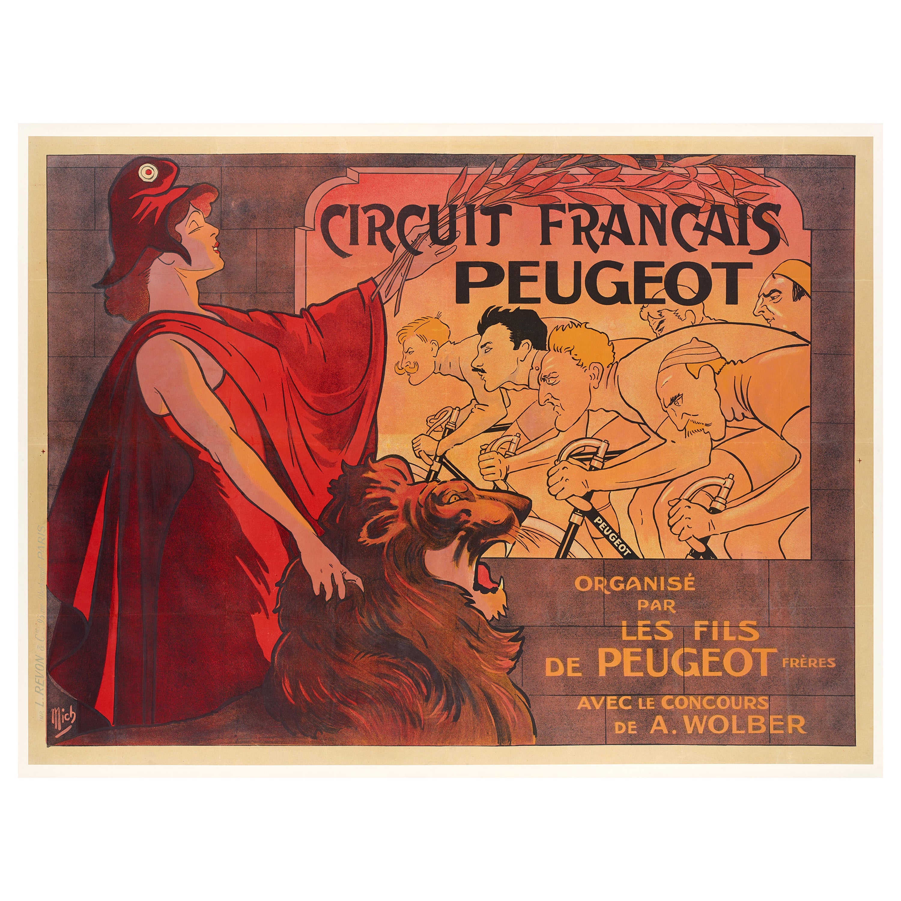 Mich, Original Vintage Poster, Circuit Francais Peugeot, Bike Race, Lion, 1911 For Sale
