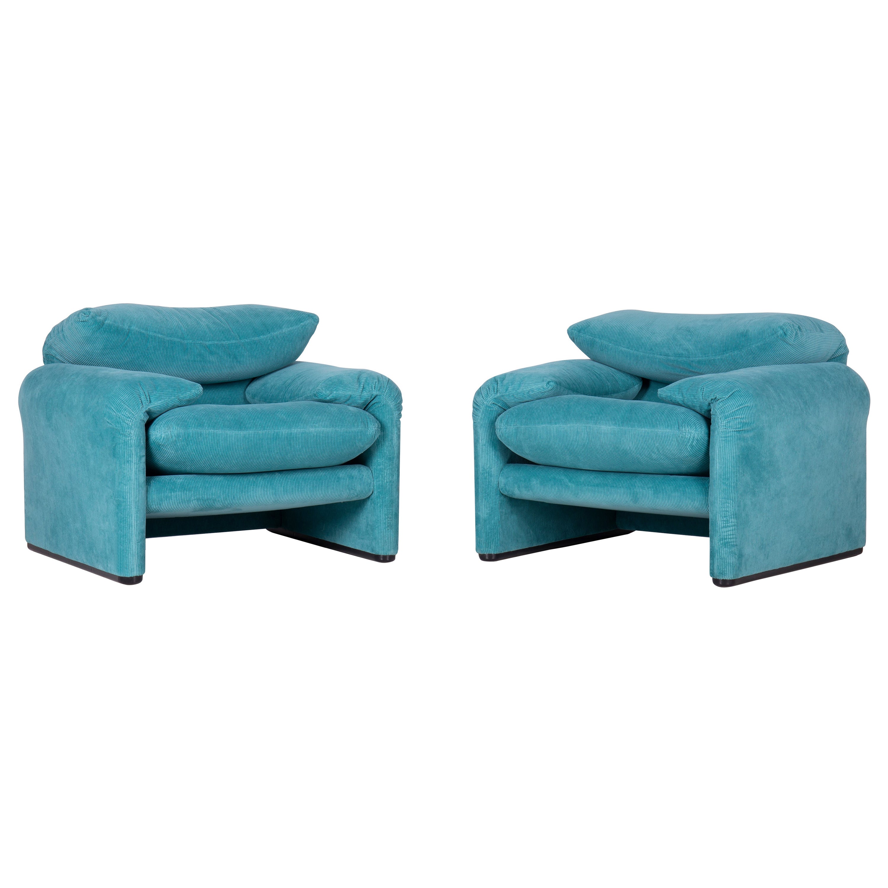 Pair of Maralunga Armchairs by Vico Magistretti in Ocean Green Corduroy For Sale