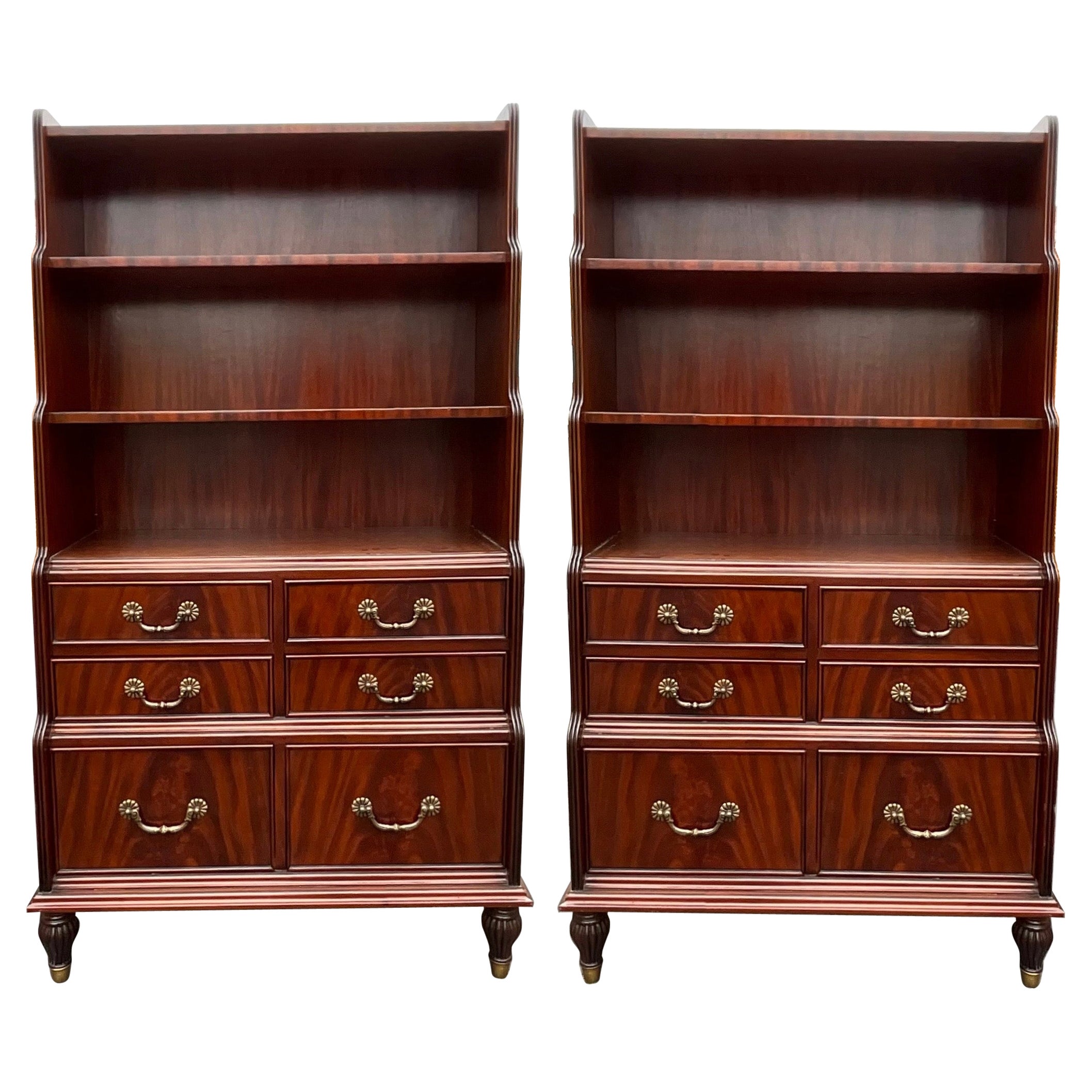 20th Century Regency Style Flame Mahogany and Brass Bookcases Pair