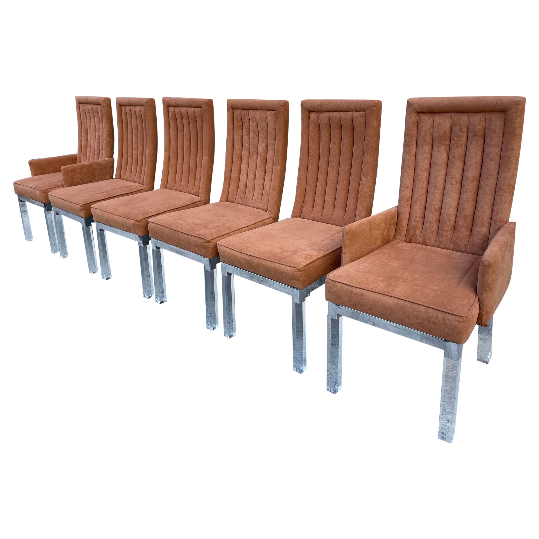 1970s Charles Hollis Jones Chrome Base Dining Chairs With Lucite Legs- Set of 6 For Sale