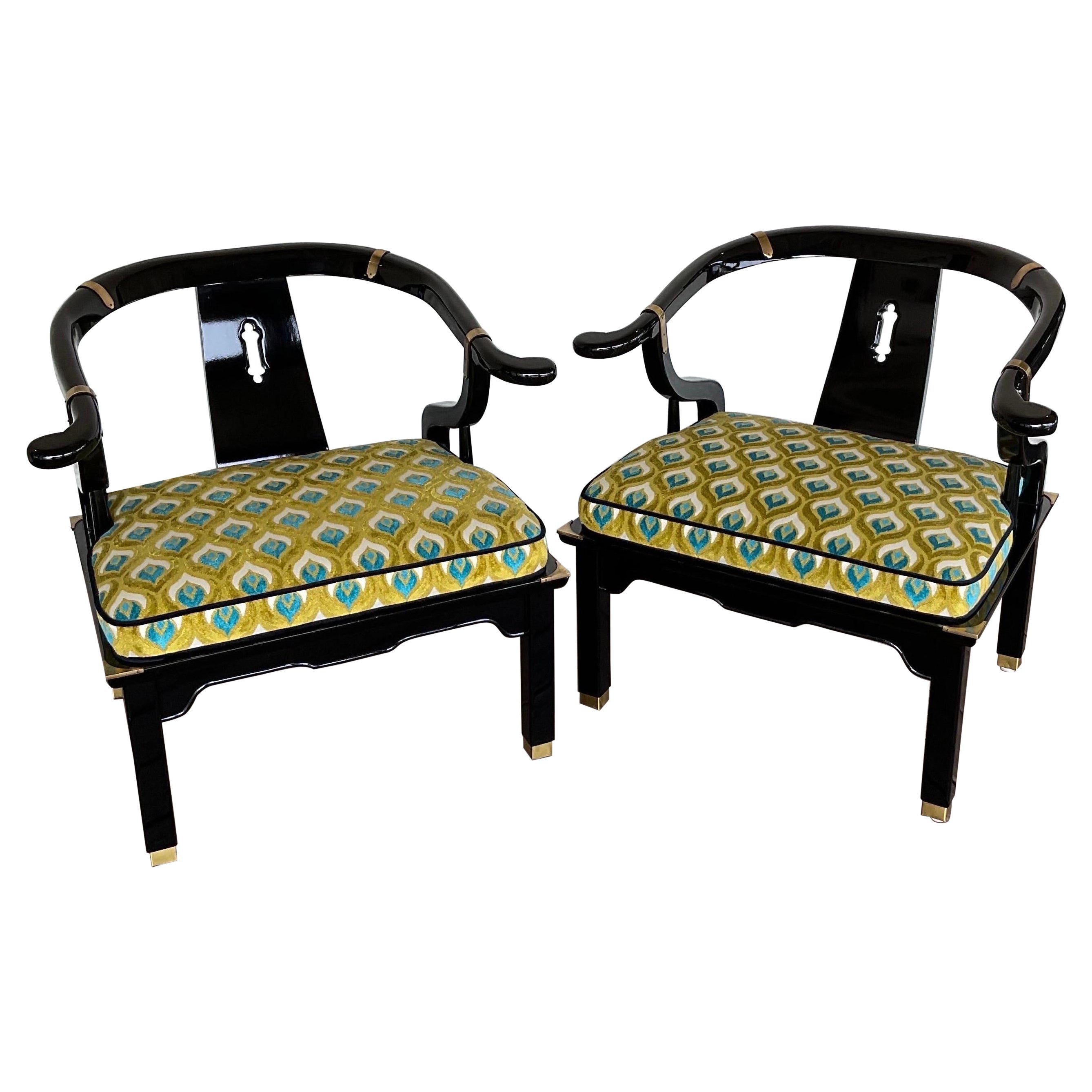 Expertly Reupholstered Black Lacquered Chinoiserie Chairs by Century Furniture