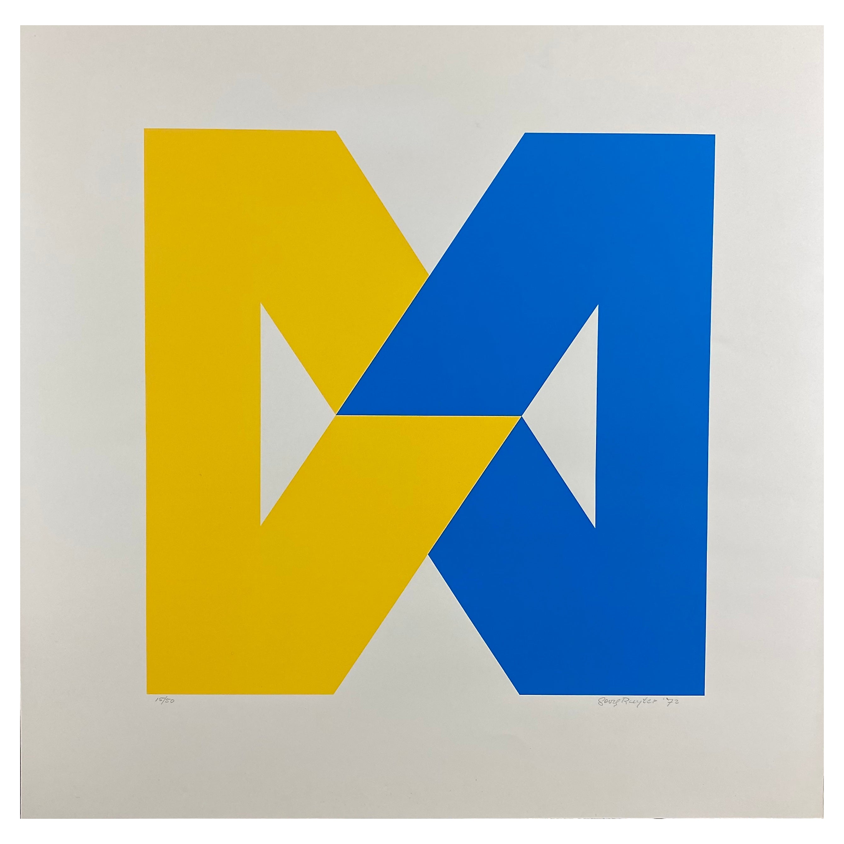 Abstract Geometric Blue and Yellow 70s Limited Edition Silkscreen Print For Sale