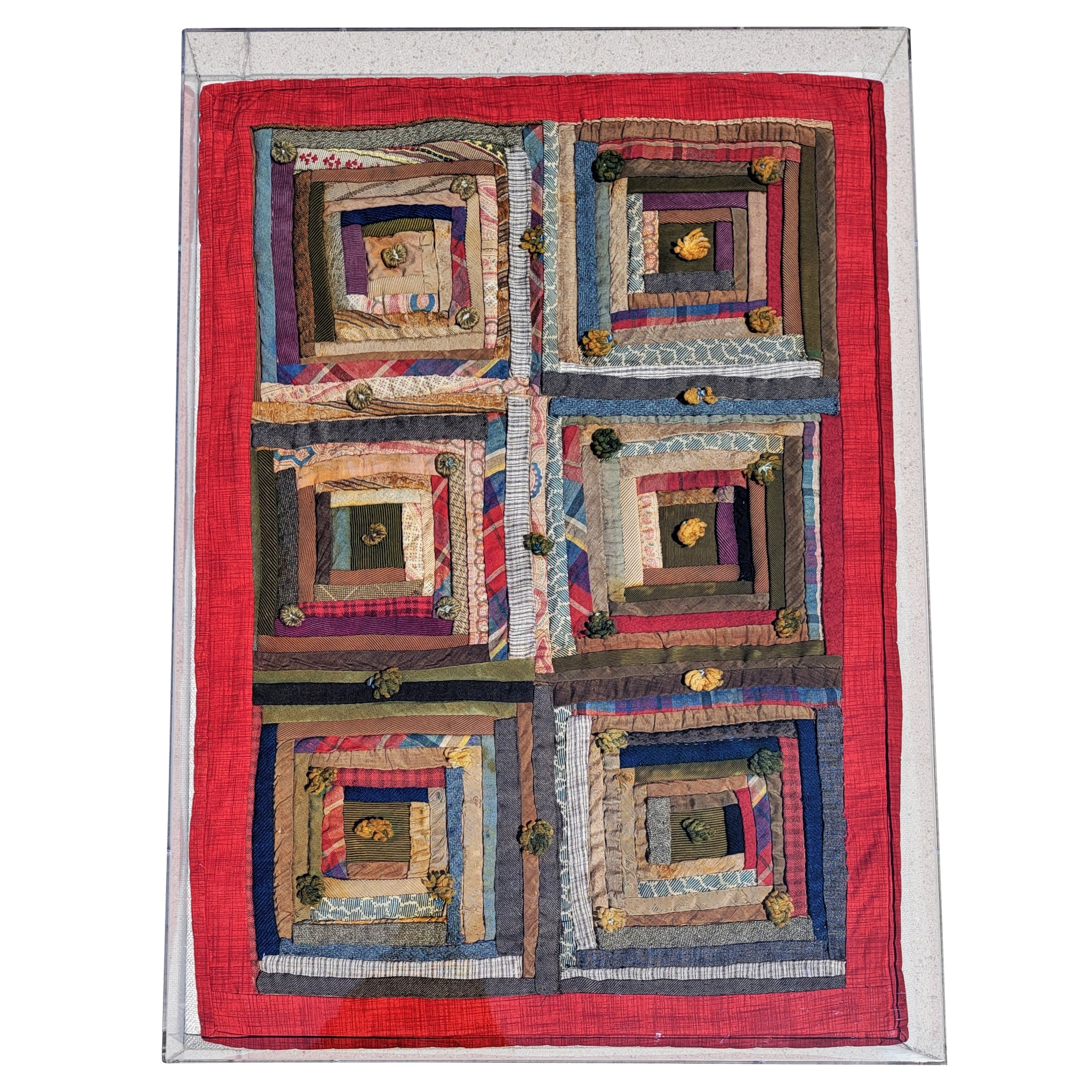 19th Century Wool Log Cabin Doll Quilt in Plexy For Sale