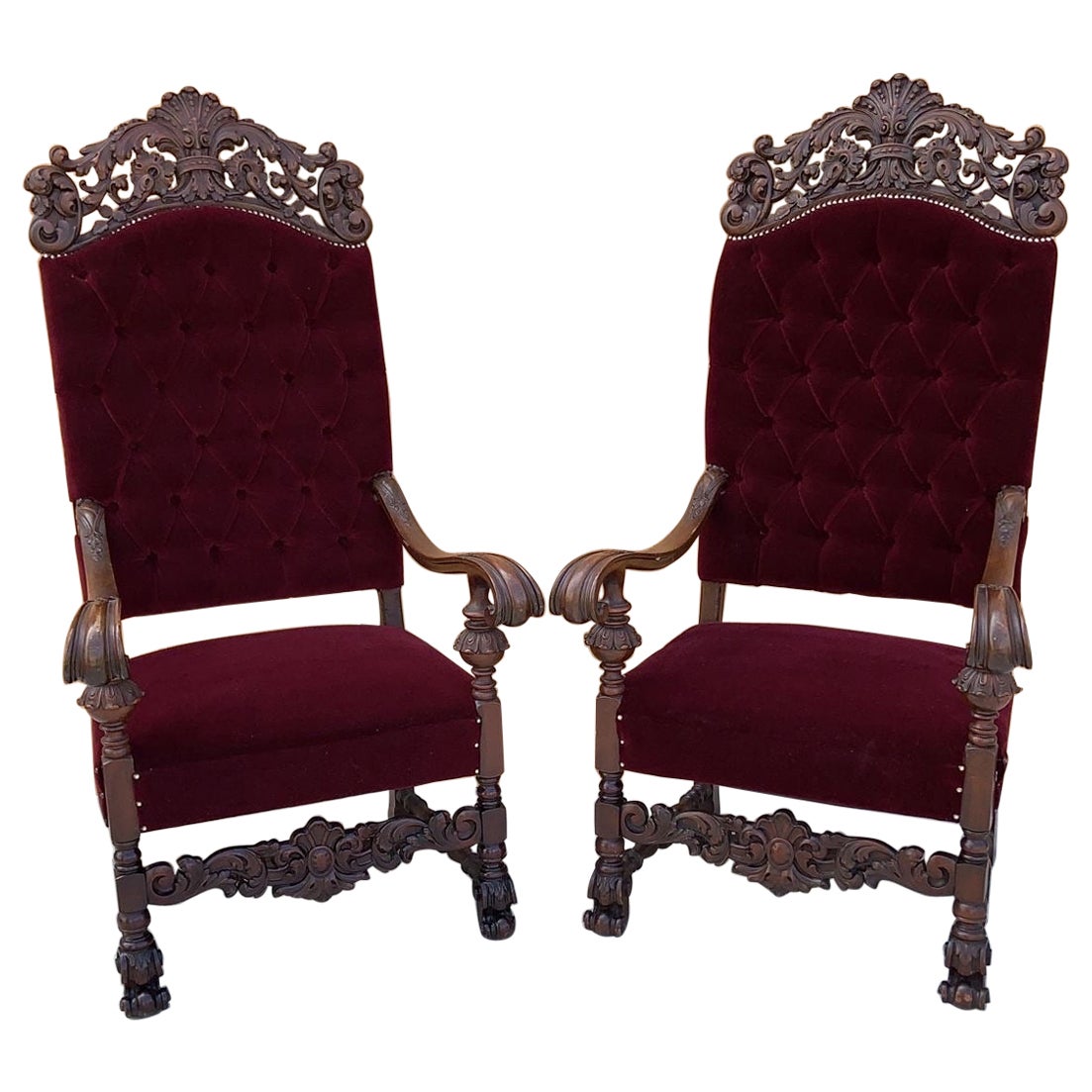 Antique French Regency Style Caved Walnut Throne Chairs Newly Upholstered, Pair