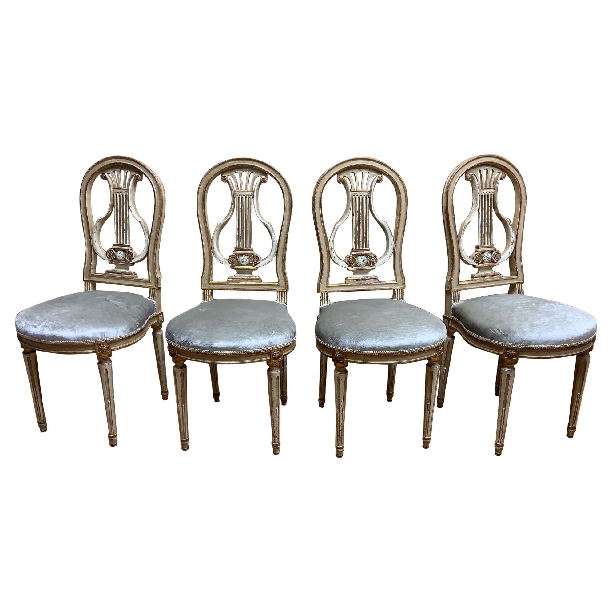 French Louis XVI Style Gilded Balloon-Back Dining Chairs Newly Upholstered For Sale