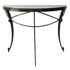Hollywood Regency Style Half Moon Console Table Iron and Glass Top
