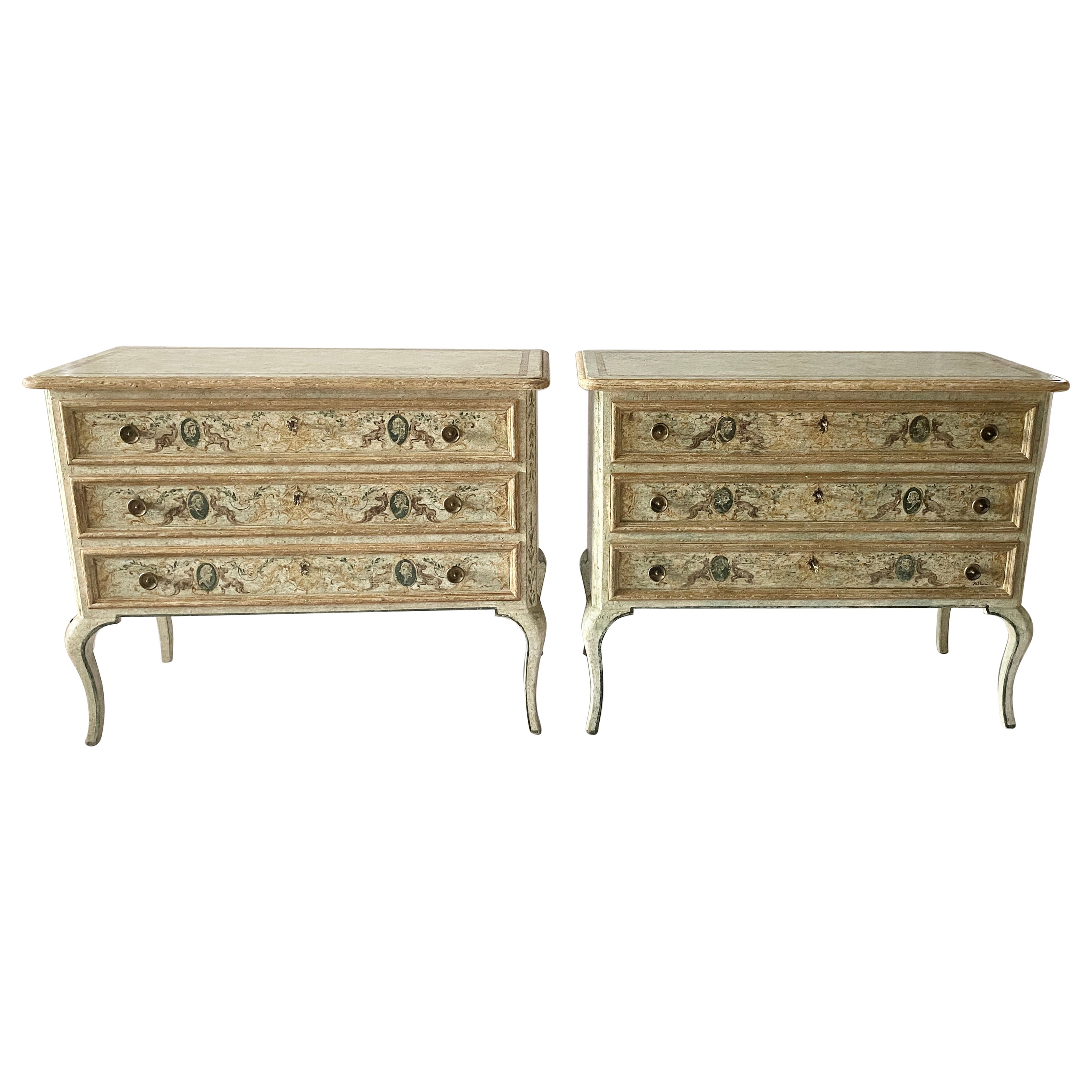 Pair Neoclassical Style Commodes Venetian Hand-Painted Italian Chest of Drawers 