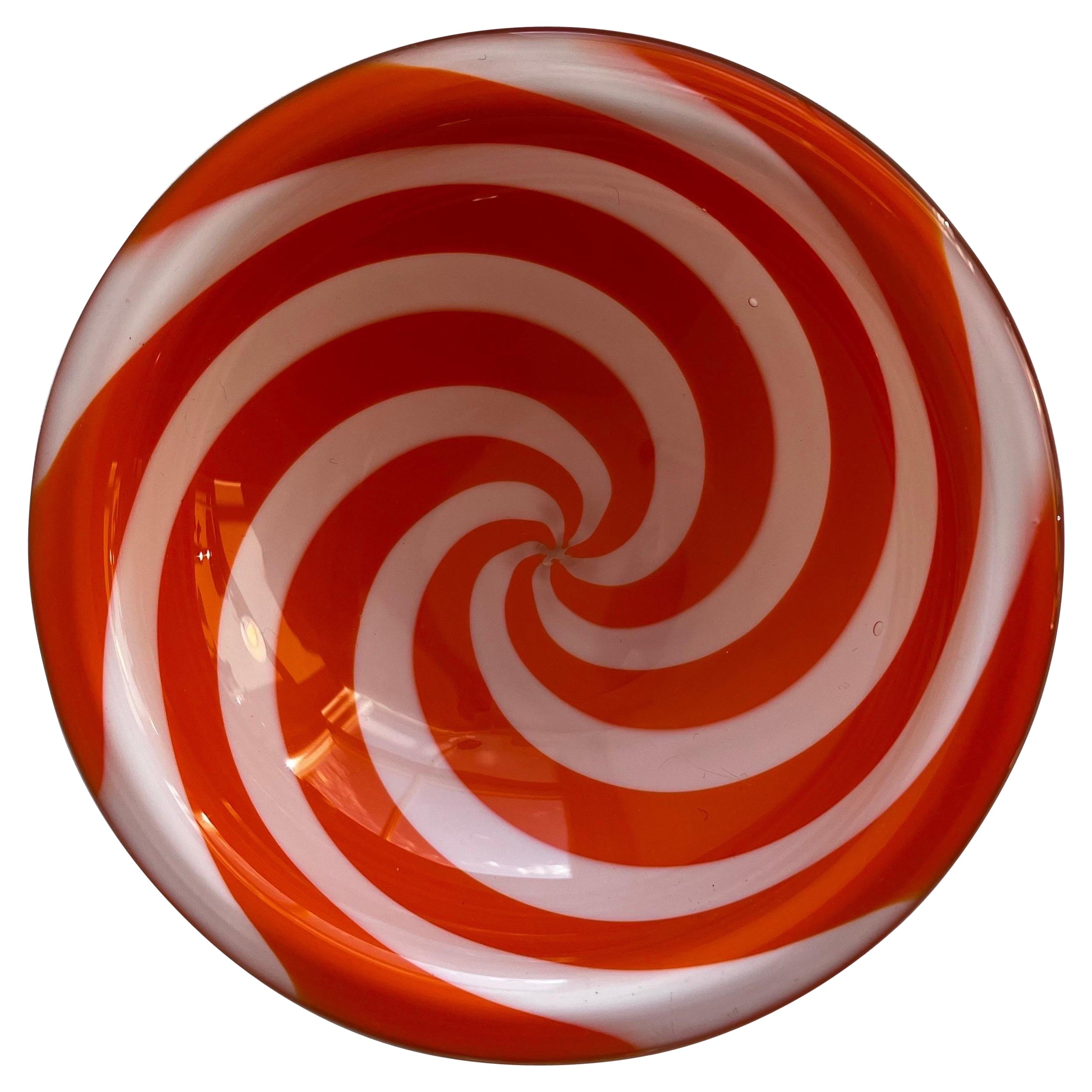 Vintage Murano Glass Dish with Tangerine Optic Swirls For Sale