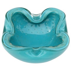 Barbini Murano Teal Blue Green Gold Fleck Bubbles Italian Art Glass Bowl Ashtray