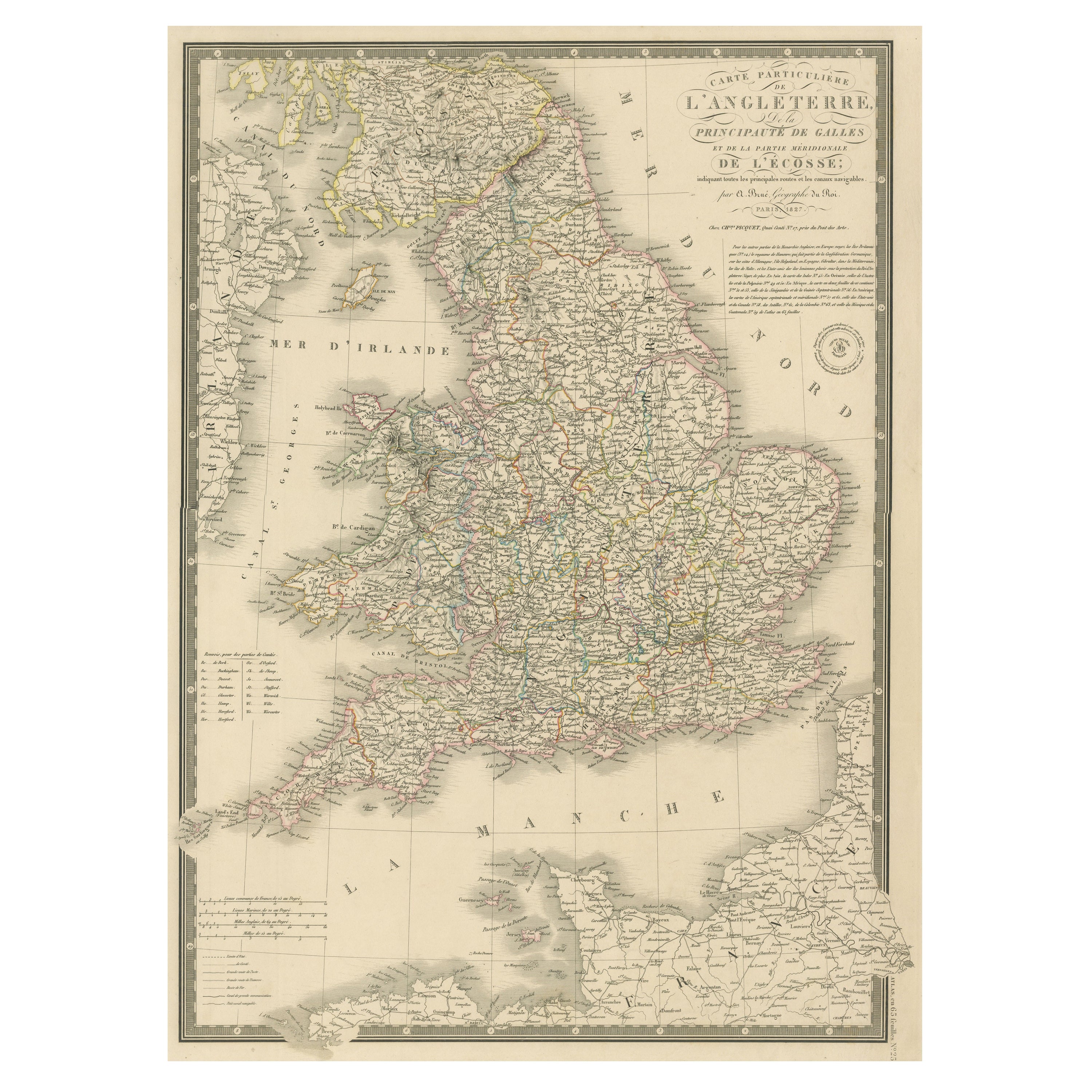 Antique Map of the British Isles and Part of the Coast of France For Sale