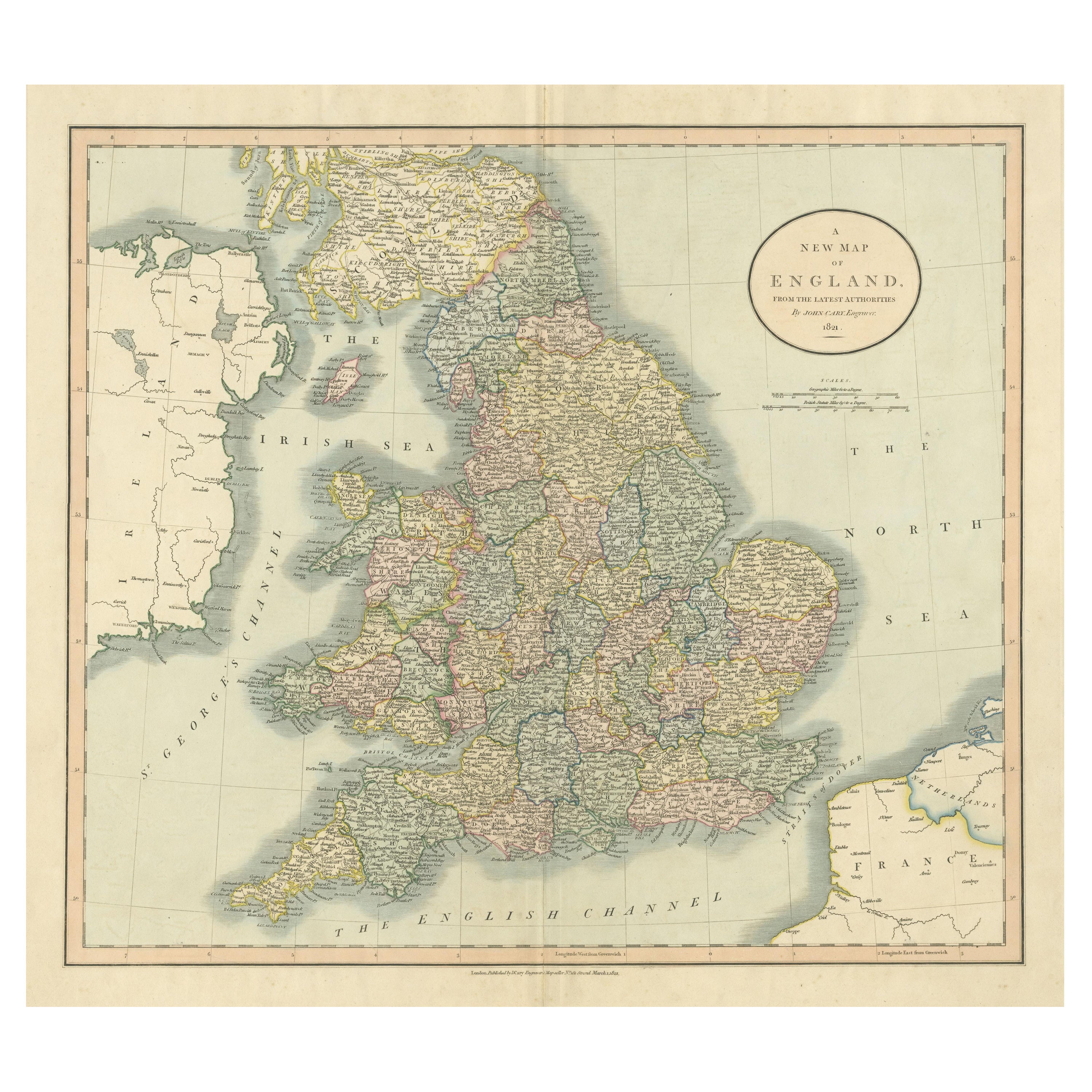 Grande carte ancienne d'Angleterre colorée à la main par les comtés en vente