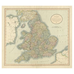 Gran Mapa Antiguo de Inglaterra Coloreado a Mano por Condados