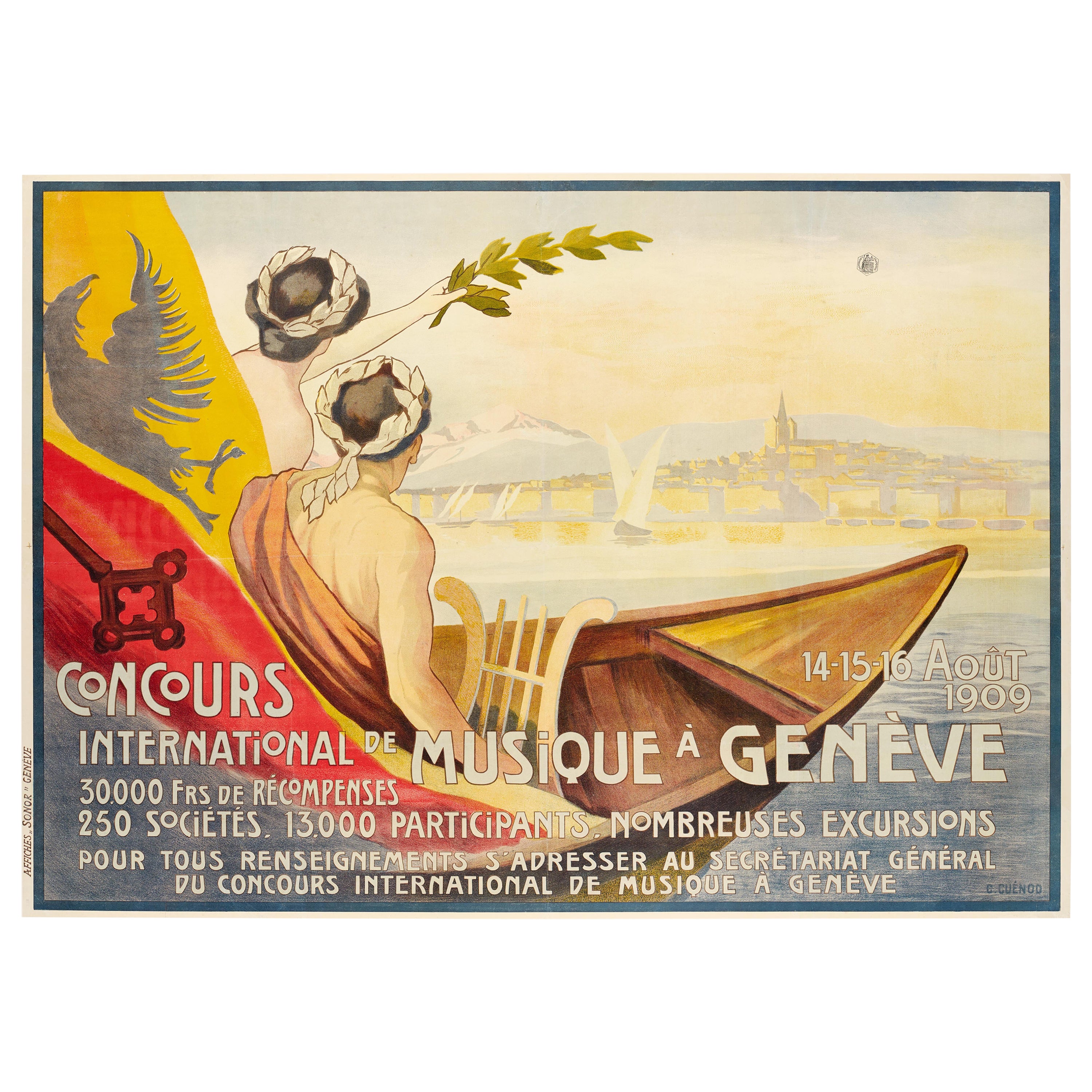 Cartel Vintage Original, Concurso Internacional de Música de Ginebra, Lira, Suiza, 1909
