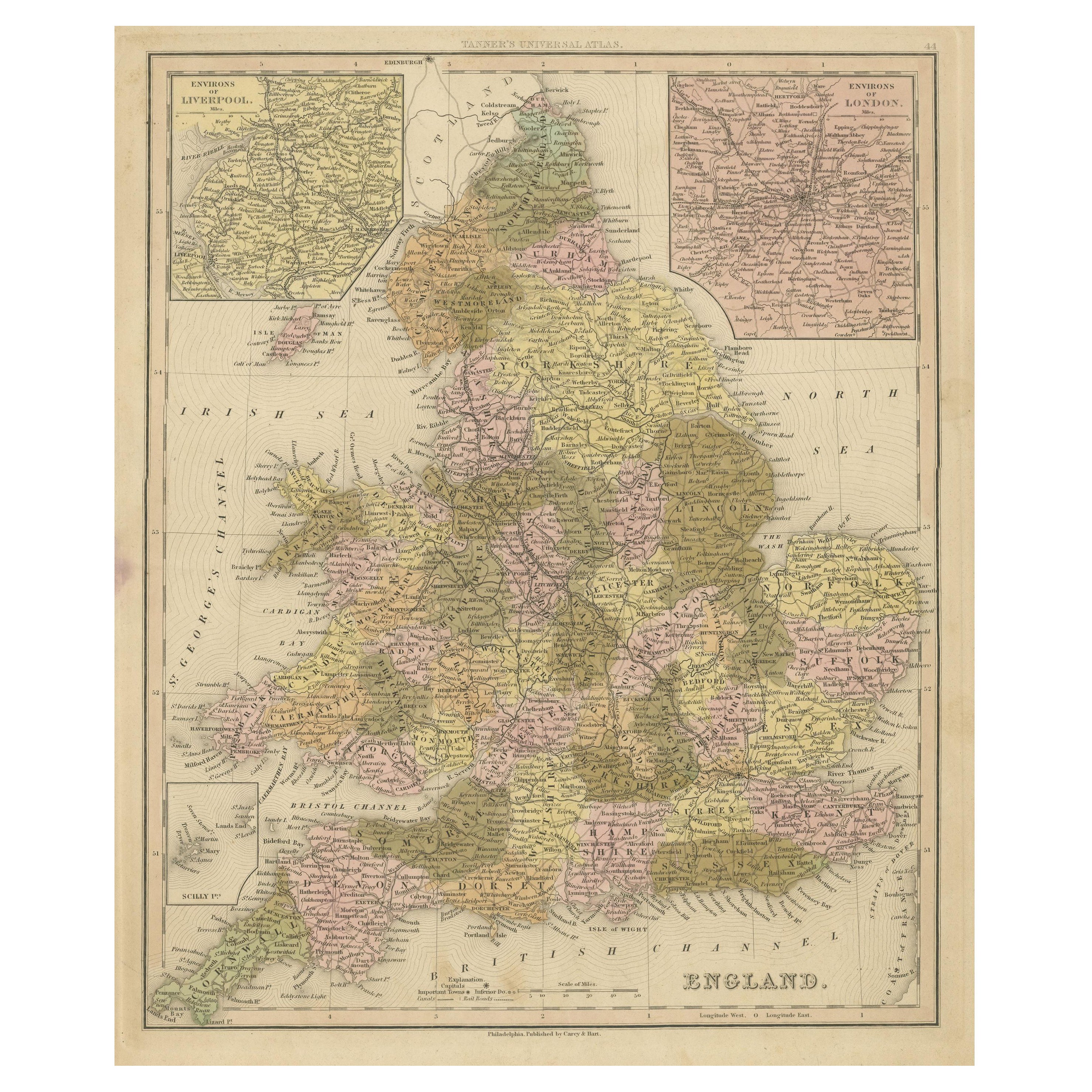 Carte ancienne d'Angleterre avec cartes encastrées de la région de Liverpool et de Londres en vente