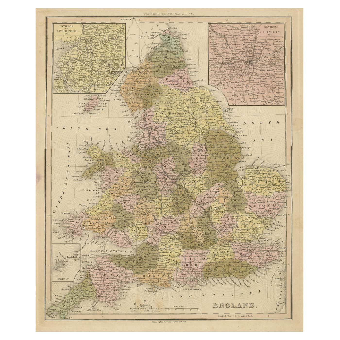 Old Map Inset Antique Map of England with Inset Maps of the Region of Liverpool and ...