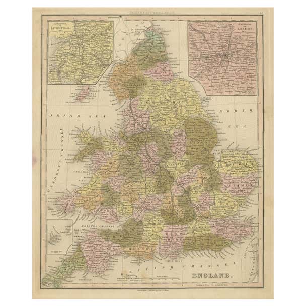 Map Archive England Antique Map of England with Inset Maps of the Region of Liverpool and ...