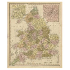 Carte ancienne d'Angleterre avec cartes encastrées de la région de Liverpool et de Londres