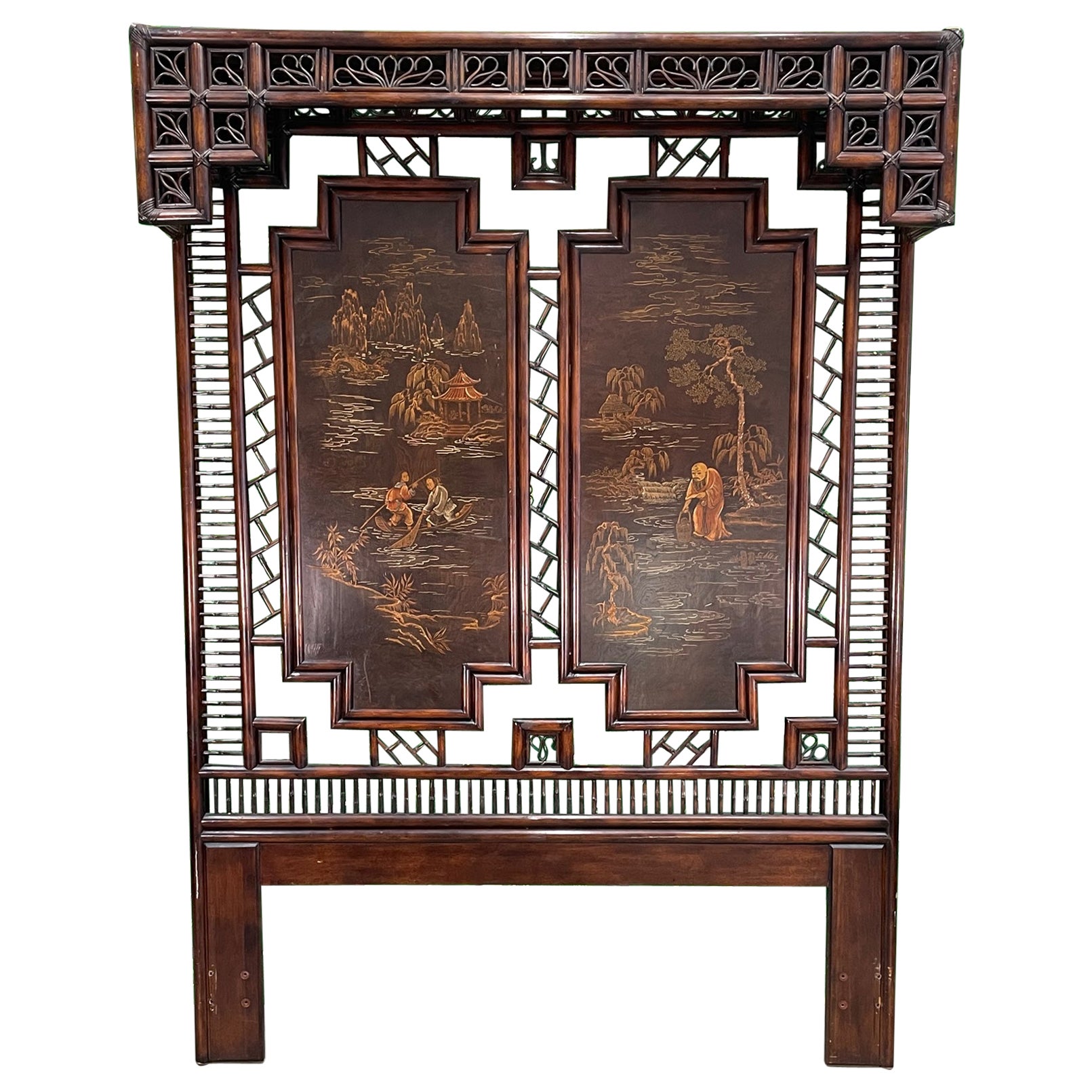 Asian Chinoiserie Rattan Canopy Queen Size Headboard by Henredon For Sale