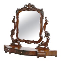 Antique Victorien Rococo Flame Mahogany Shaving Mirror circa 1890