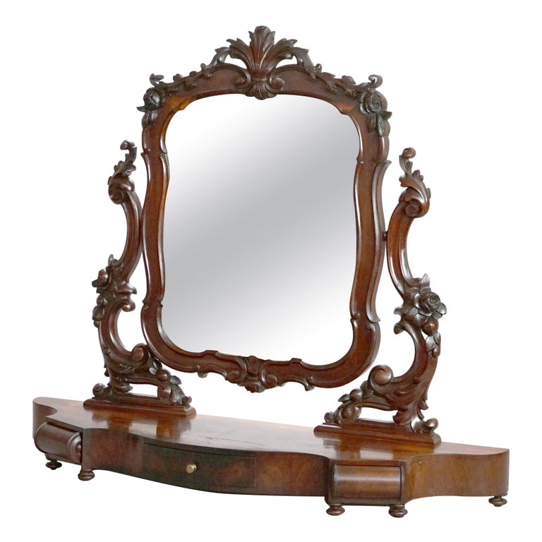 Antique Victorian Rococo Flame Mahogany Shaving Mirror Circa 1890 For