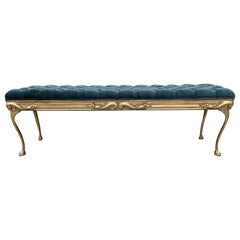 Hollywood Regency Style Italian Gold Ornate Tufted Bench Newly Upholstered