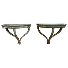 Vintage Italian Florentine Gilt Wall Hanging Demilune Console Shelf Table, Pair