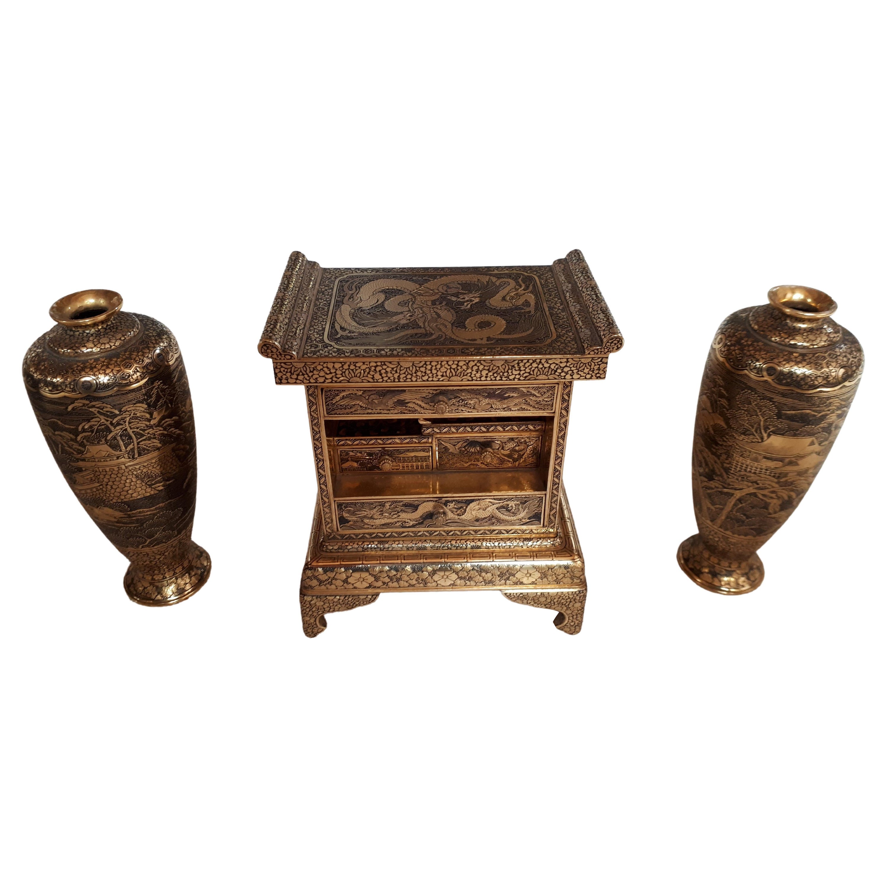 Cabinet and Two Vases in Gold Damascened Iron For Sale