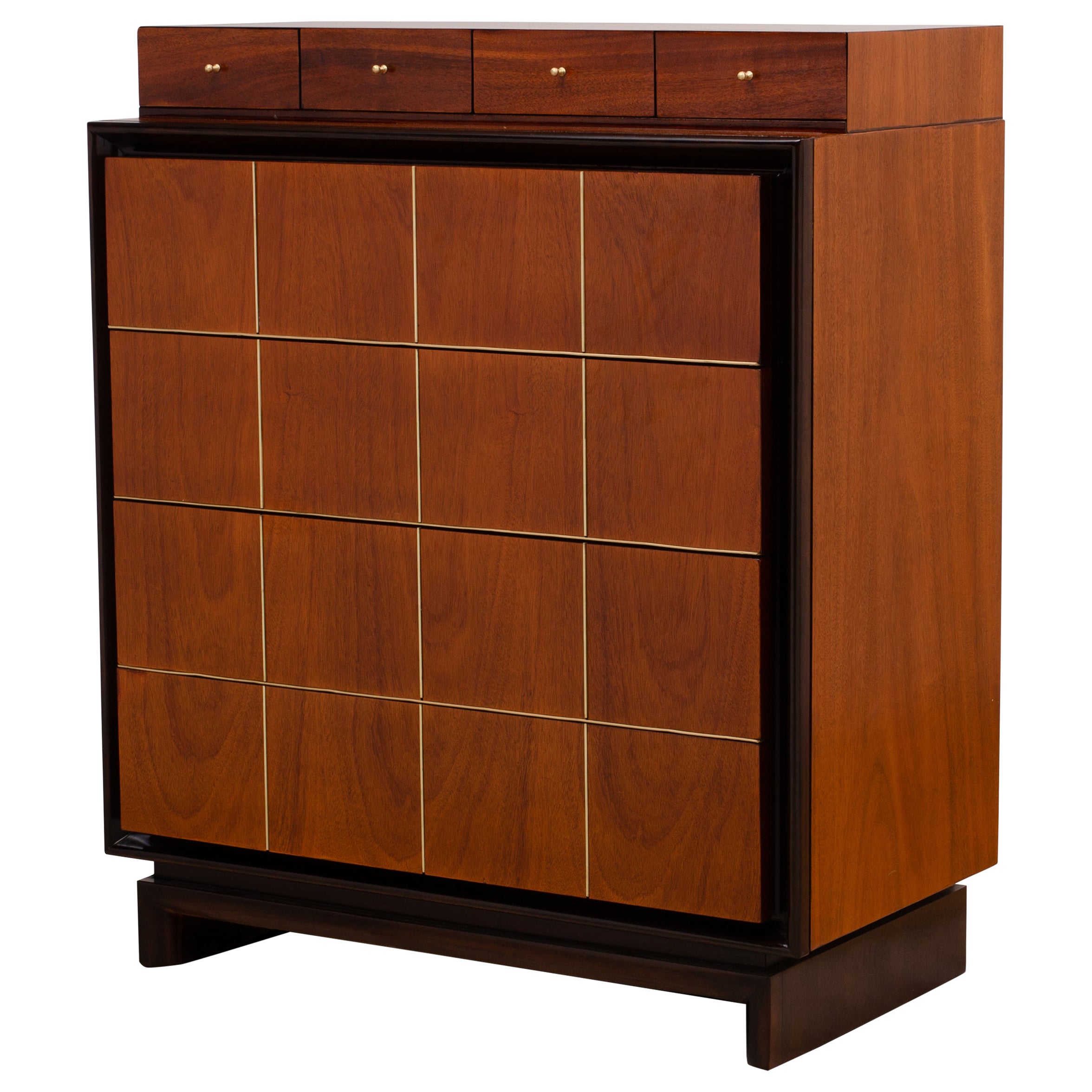 1950s American of Martinsville Midcentury High Chest Dresser with Brass Inlay For Sale