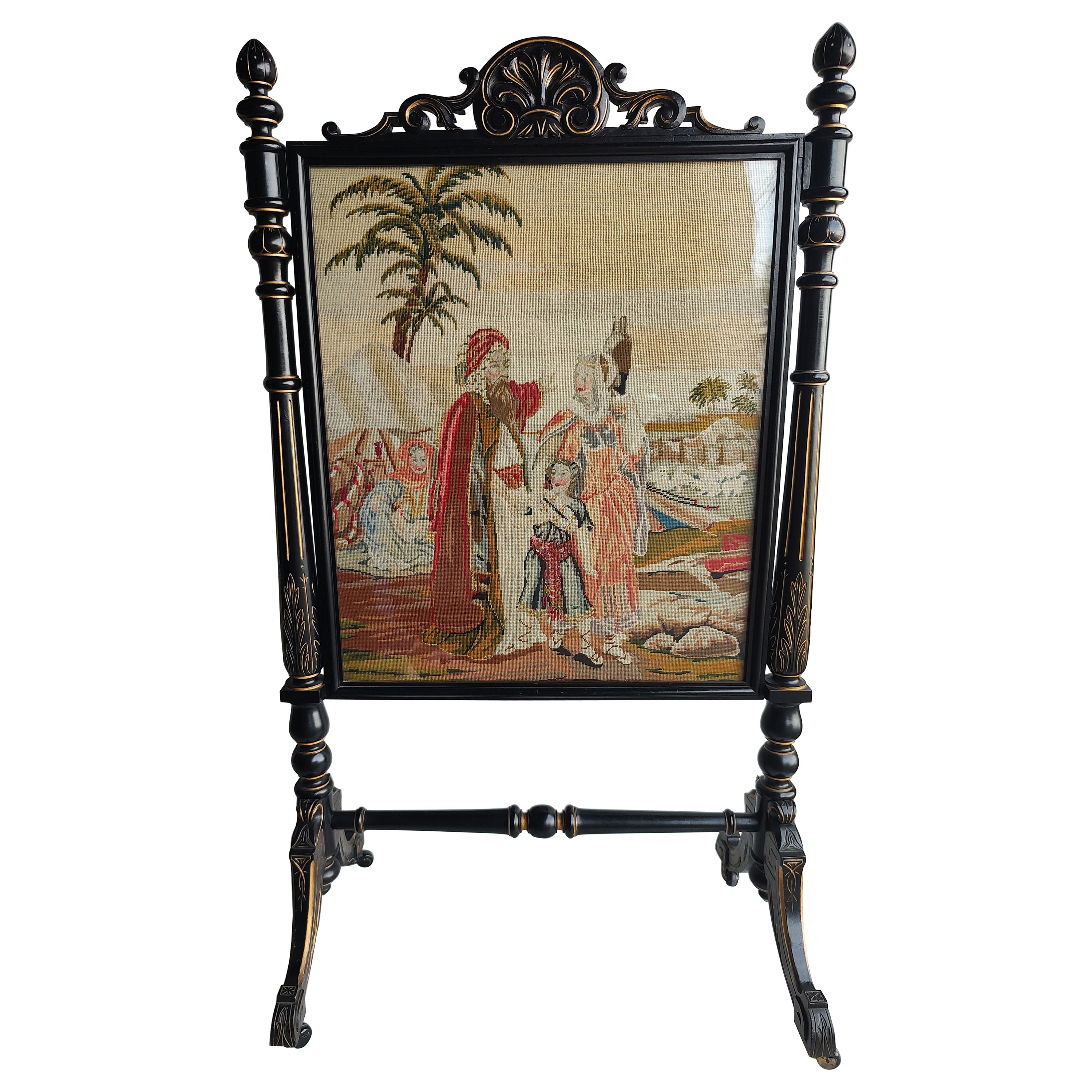 19th C Large Renaissance Revival Black Lacquer & Gilt Fireplace Screen Tapestry  For Sale 6
