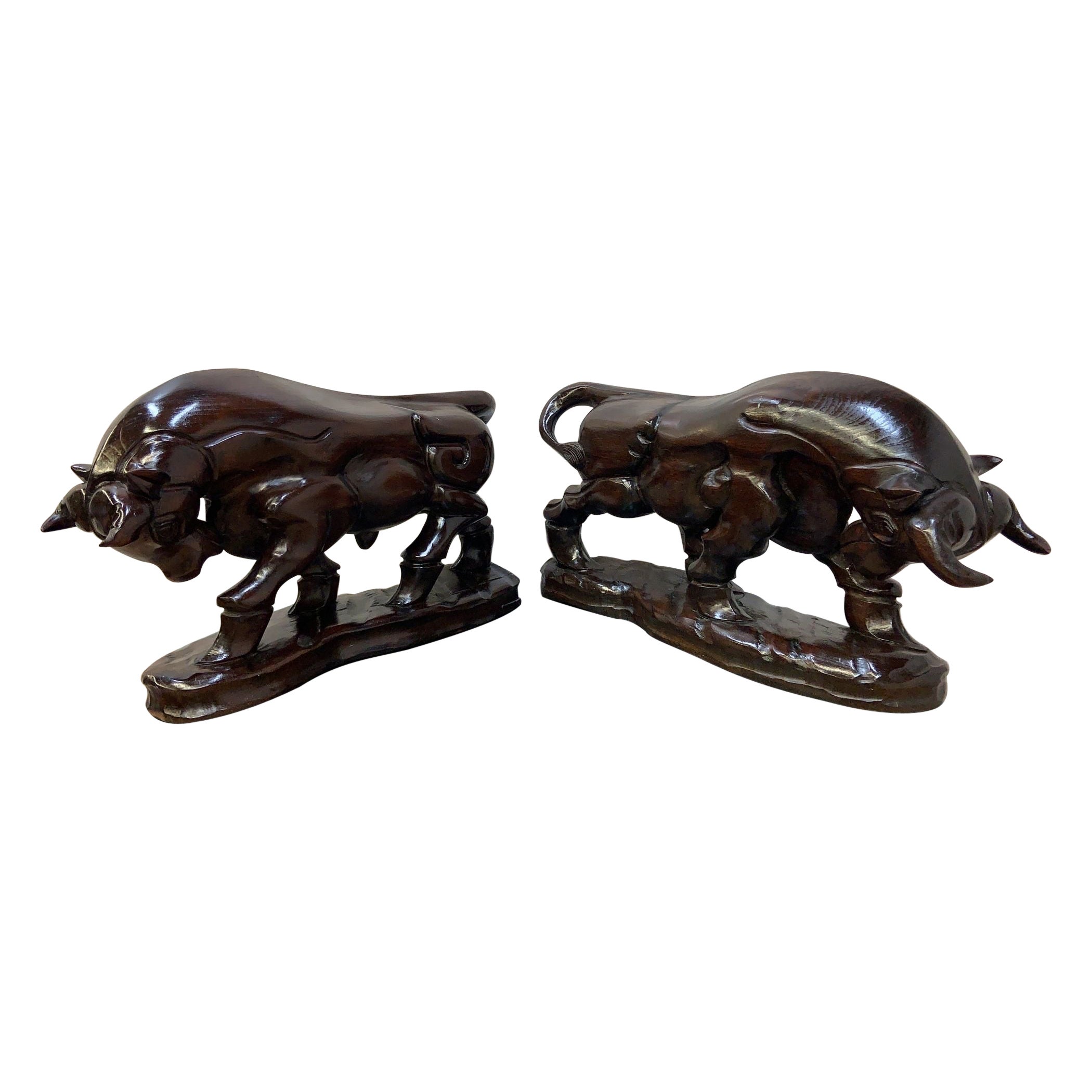 Vintage Spanish Carved Charging Bull Statue, Pair For Sale