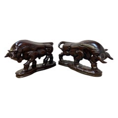 Vintage Spanish Carved Charging Bull Statue, Pair