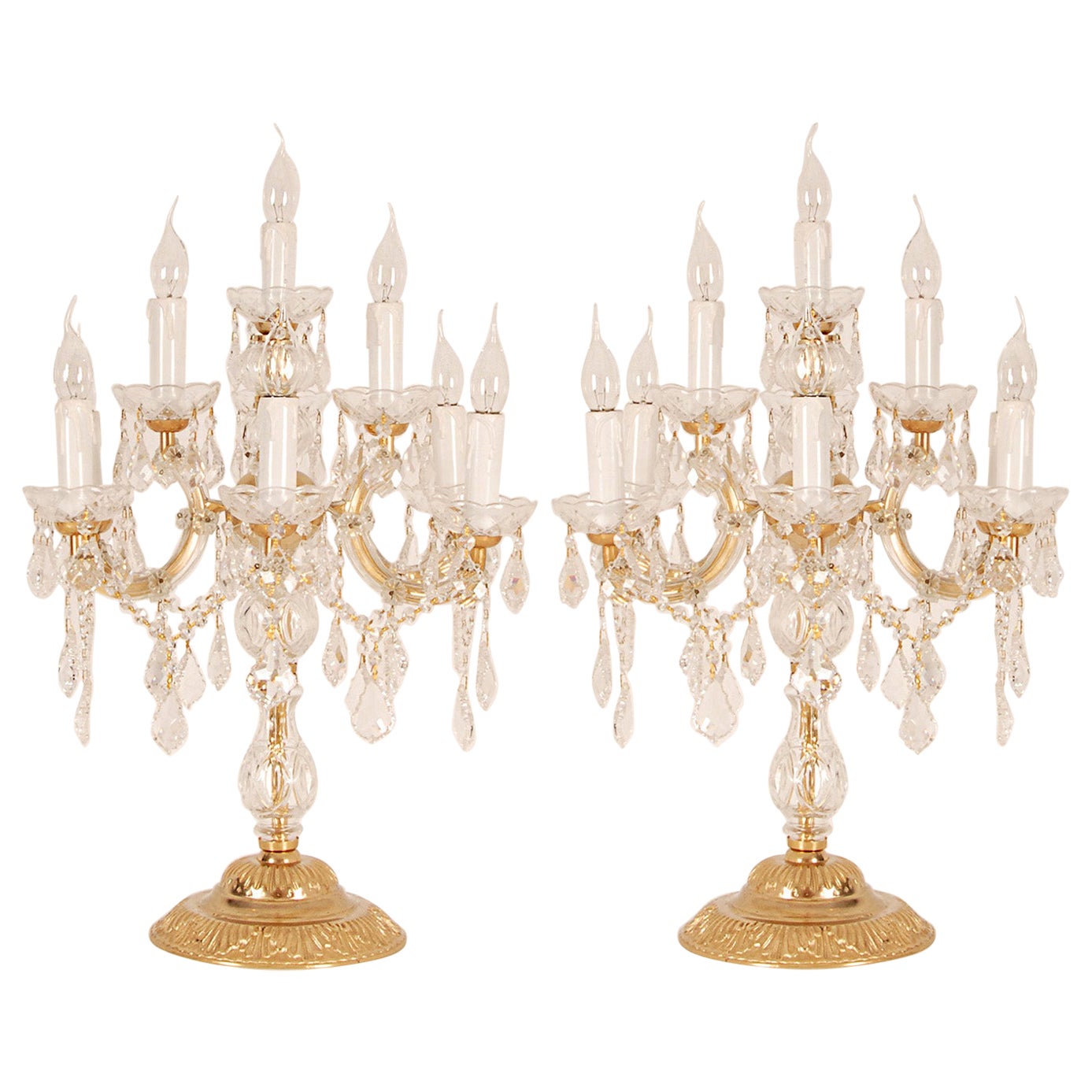 Paire de lampes de bureau italiennes vintage Girandoles en cristal et bronze doré en vente