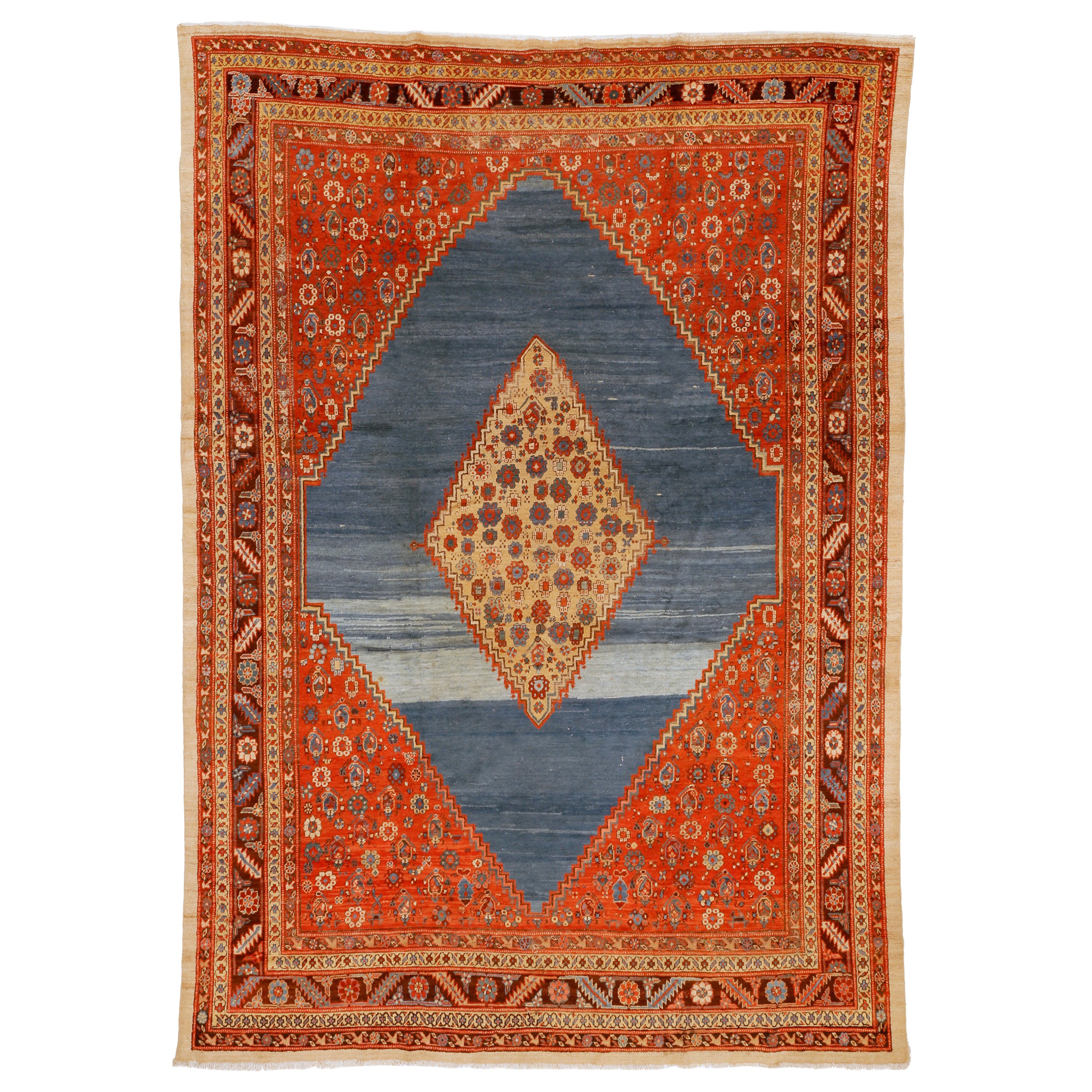 Outstanding Sky Blue Antique Bakshaish Carpet with Sun Yellow Central Diamond For Sale
