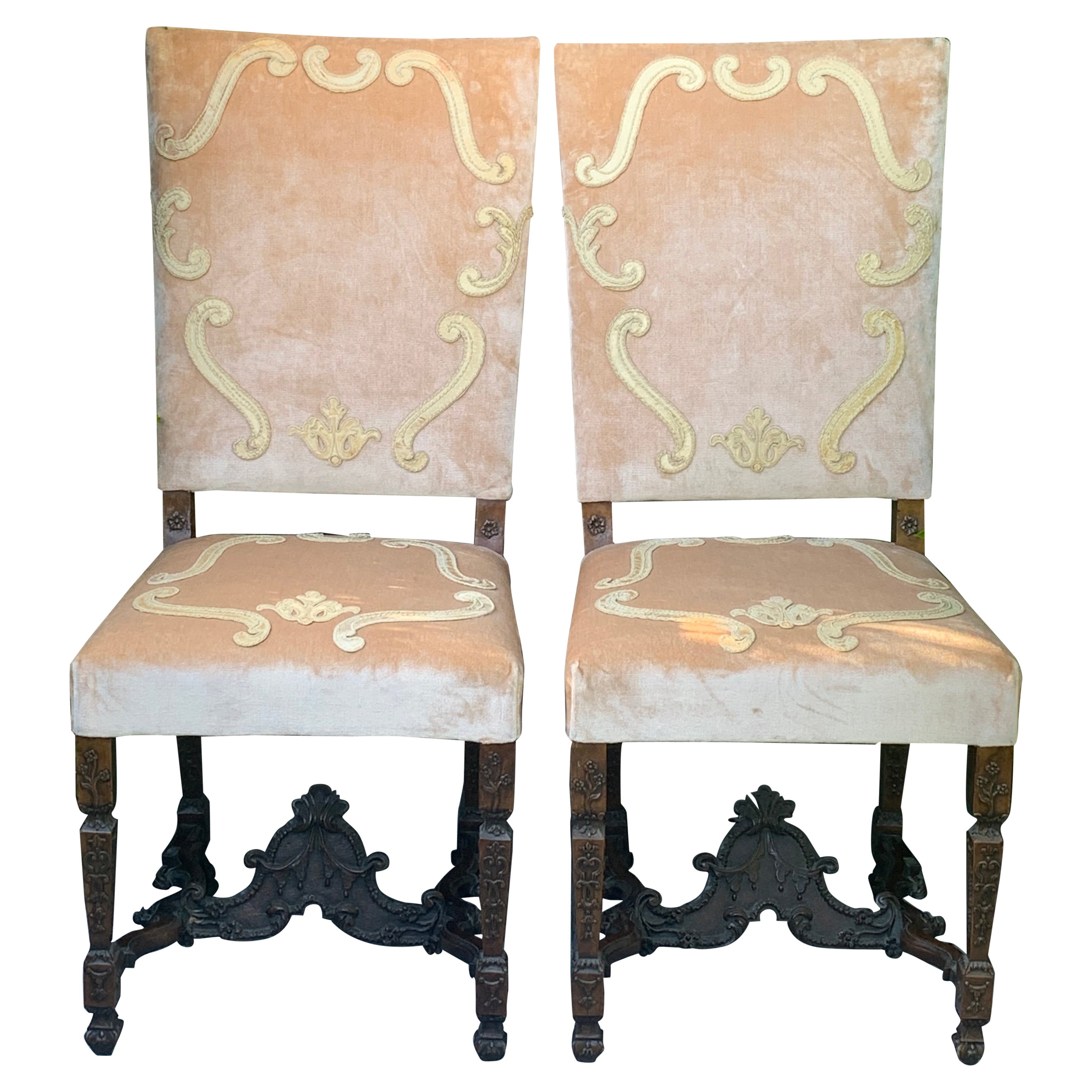 Italian Pair of Side "Parata" Chairs, Wood + Decorated Pink Velvet For Sale