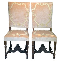 Italian 18th Century Pair of Side "Parata" Chairs, Wood + Decorated Pink Velvet