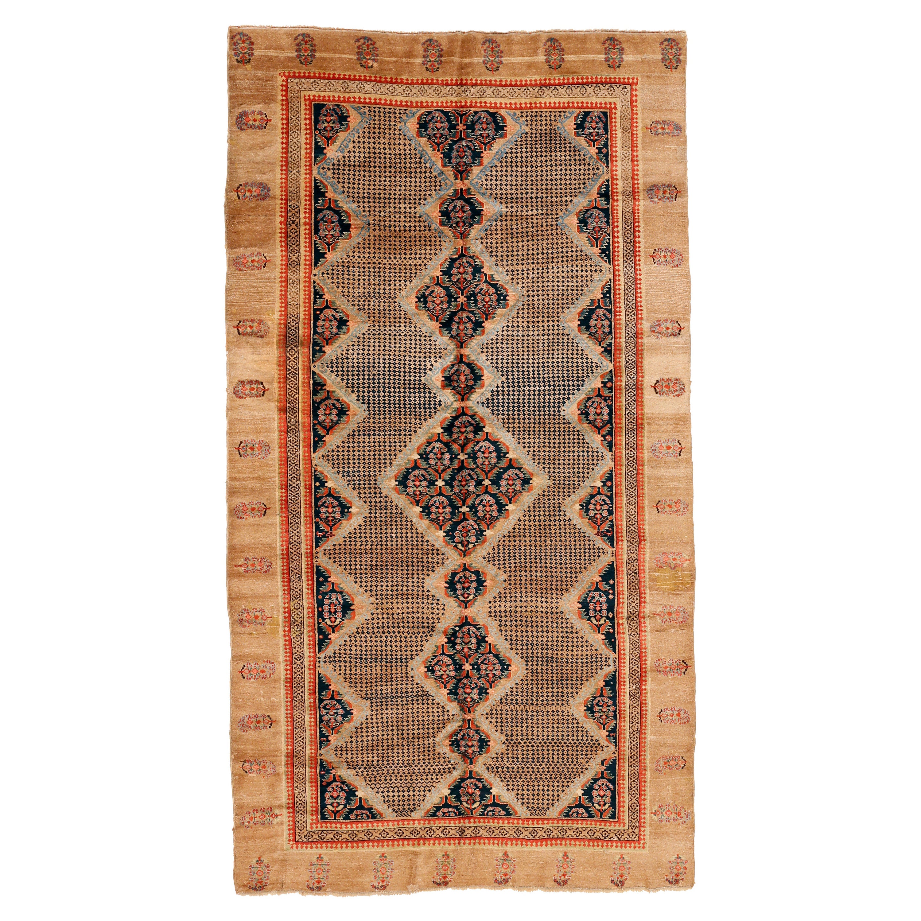 Antique Sarab Camel Hair Rug with Paisleys and Dotted Motifs For Sale