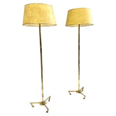 Pair, French Modern Neoclassical Brass Faux Bamboo Floor Lamps by Maison Bagues