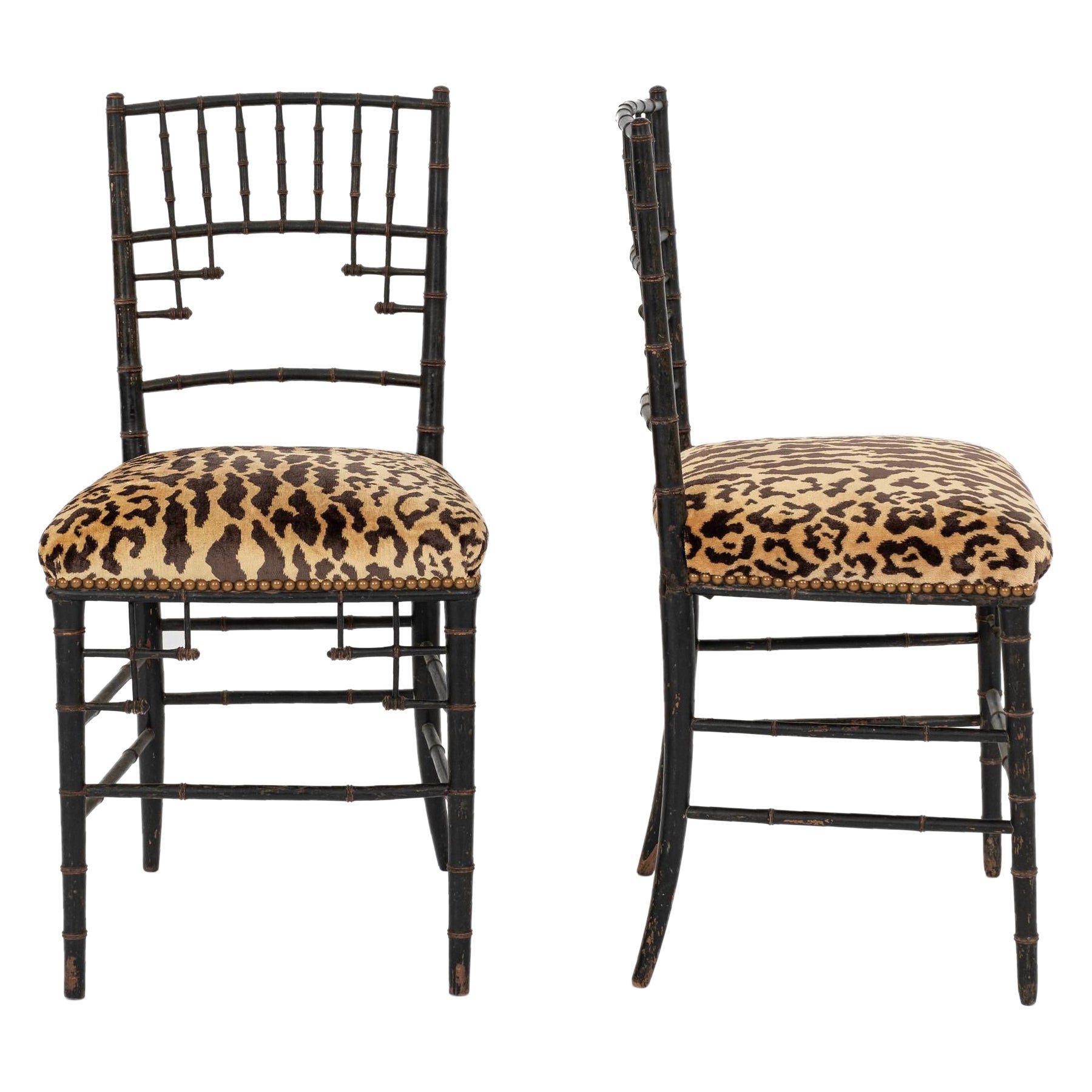 Pair Napoleon III Faux Bamboo Leopardo Silk Velvet Chairs For Sale
