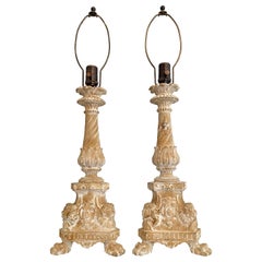 Italian Antique Carved Wood Pricket Lamps