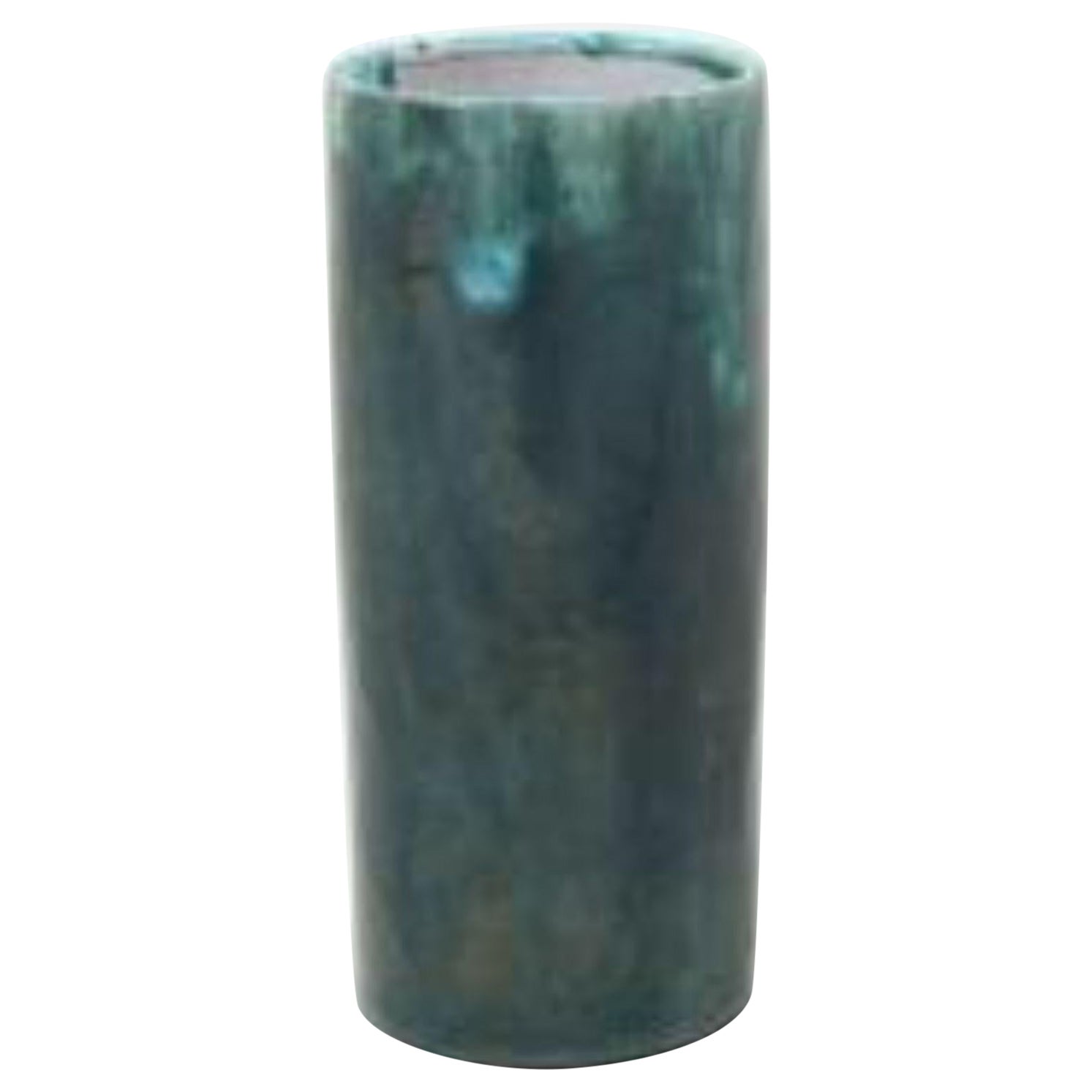 Cylindrical Green Glazed Ceramic Studio Vase, Biot, France, c. 1950 For Sale