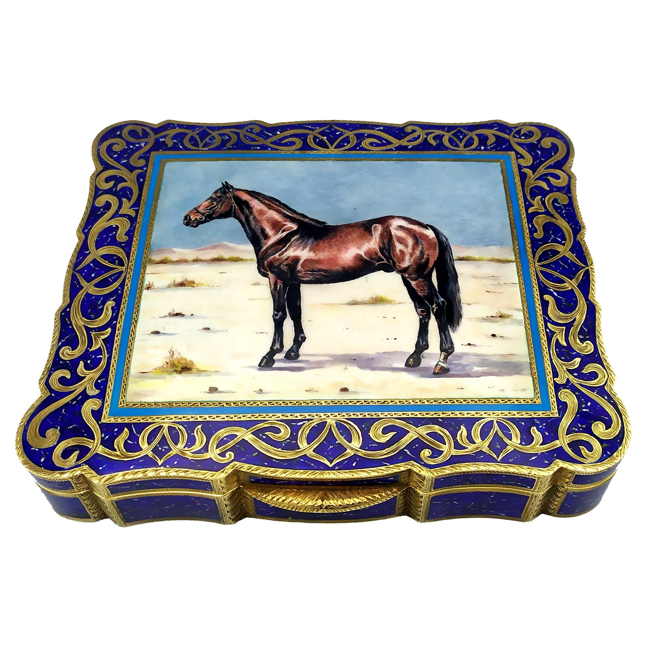 Table Box Magnificent Arabian Horse Fired Enamel Sterling Silver Salimbeni