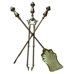 Victorian Gothic Solid Brass Fire Companion Set, Fireplace Tools, 19th Century