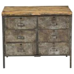 Used Industrial Chest of Drawers in Metal and Chunky Wood Top, circa 1900
