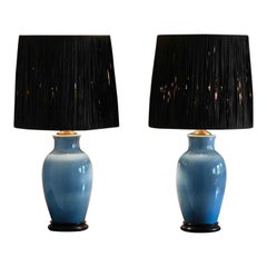 Pair of 70s Lamps in Glazed Craquelè Ceramic Complete with Raffia Lampshade