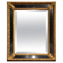 Vintage Italian Gilded Gold and Black Lacquered Square Wall Mirror