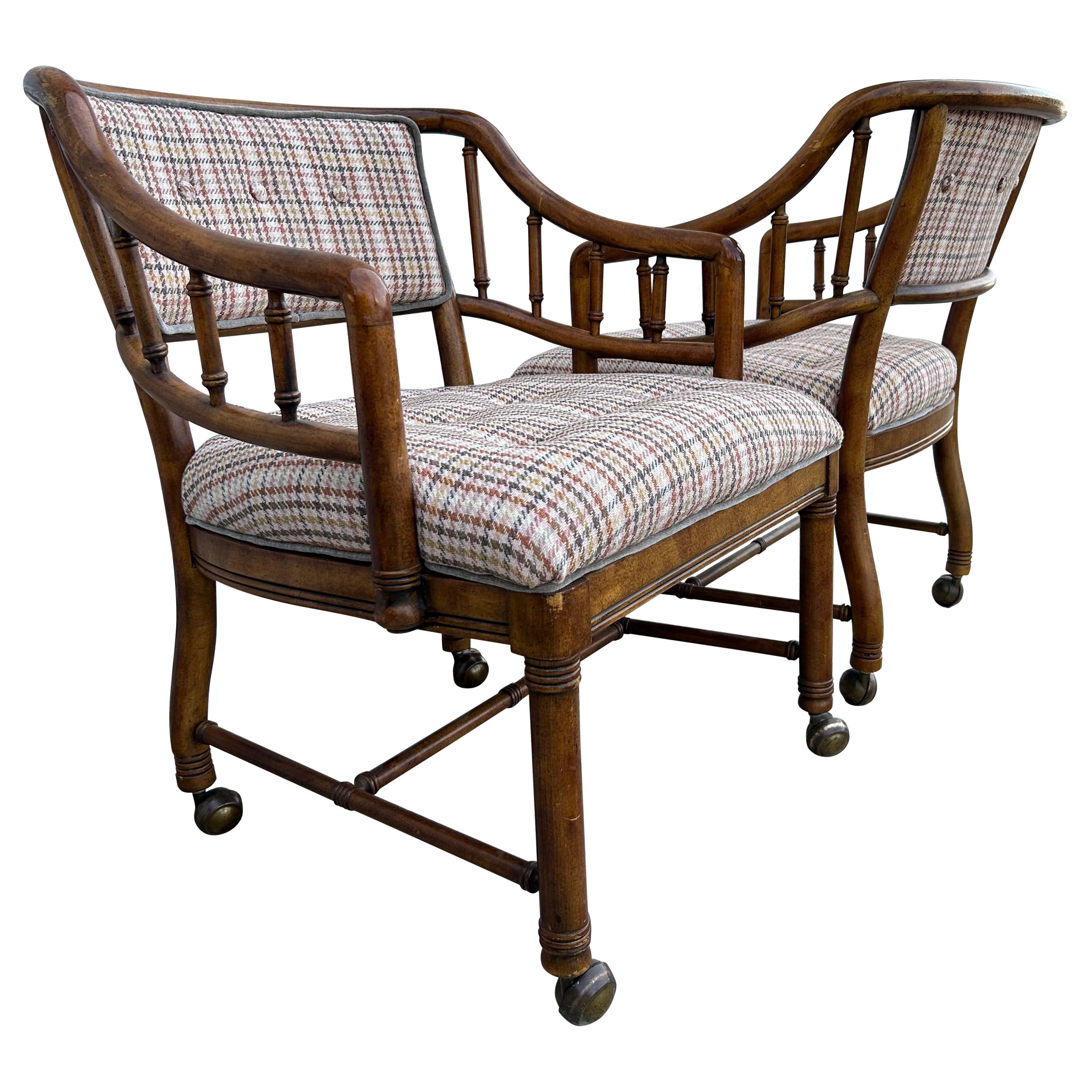 1960s Vintage Rolling Armchair Pair with Faux Bamboo Frames For Sale